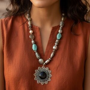 NWT Aztec Medallion Necklace w/ Black Semiprecious Stone - 18”